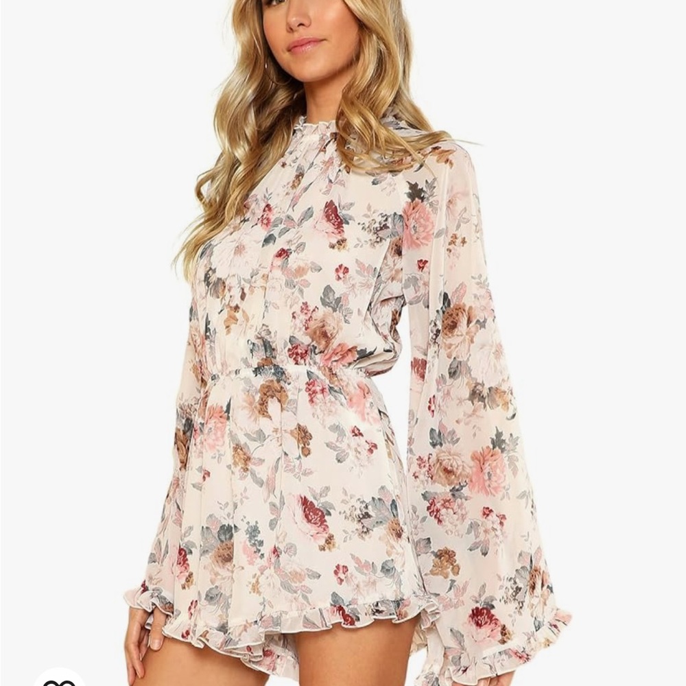 Floral romper, bell sleeve ruffle